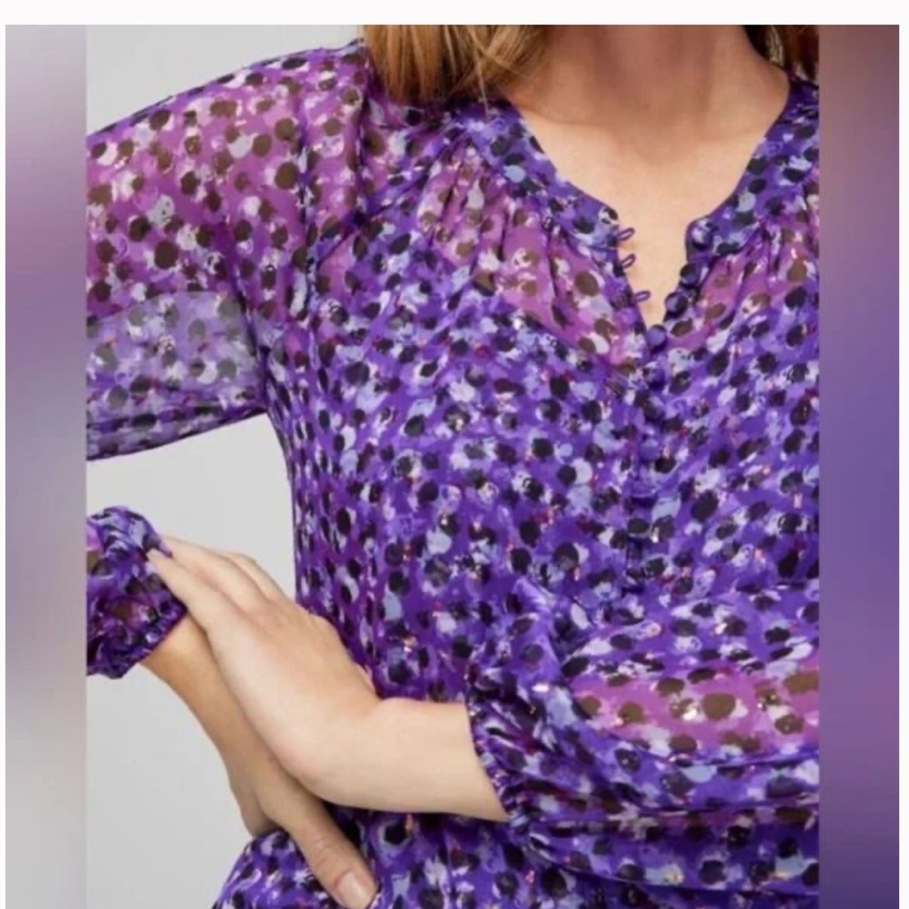 White House Black Market Purple & Gold Dot Button Sheer Blouse Women’s XS - Picture 3 of 9